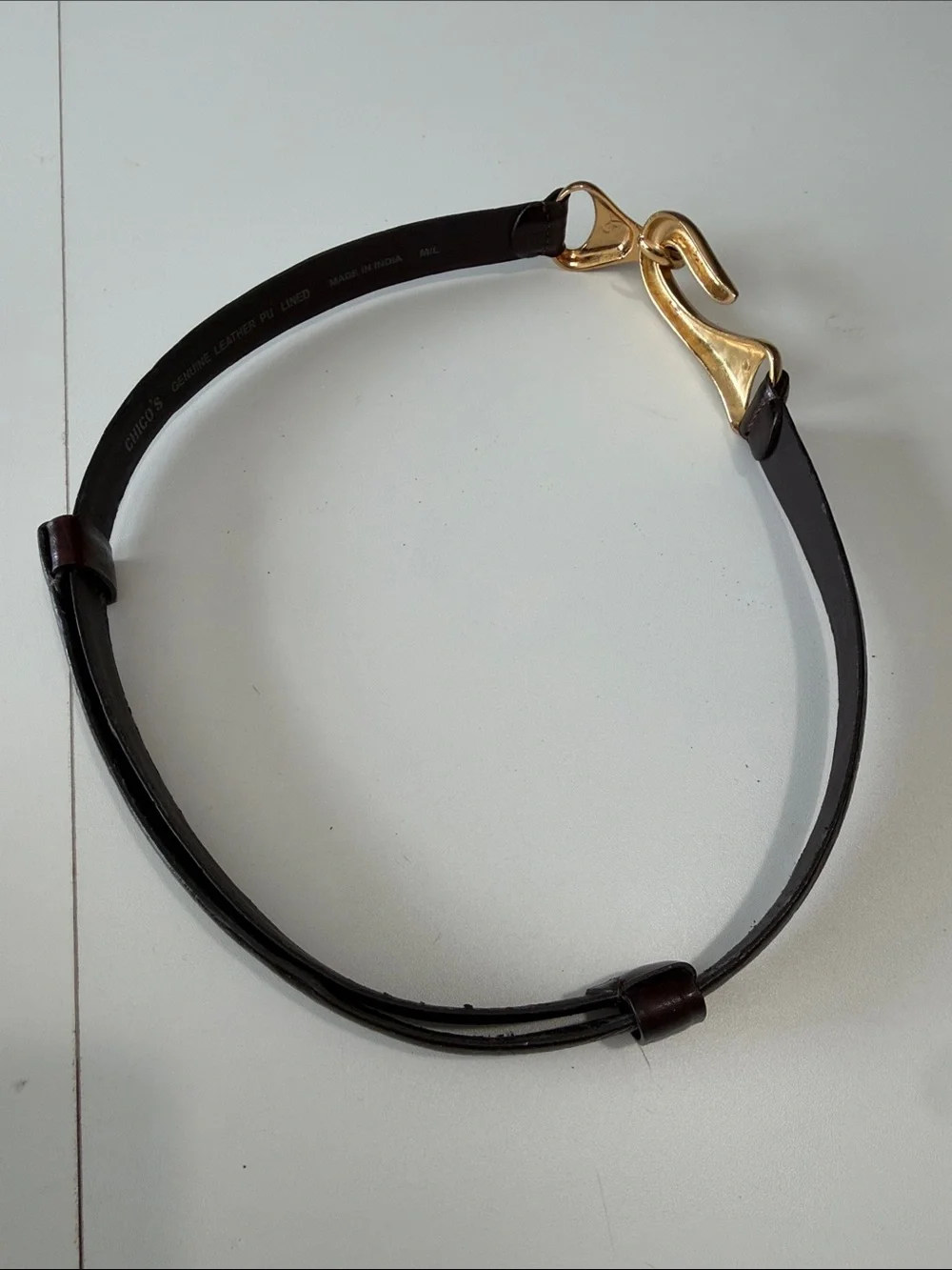 Chico’s Adjustable Dark Brown Croc-look Leather Belt M/L Gold-tone Hook Clasp